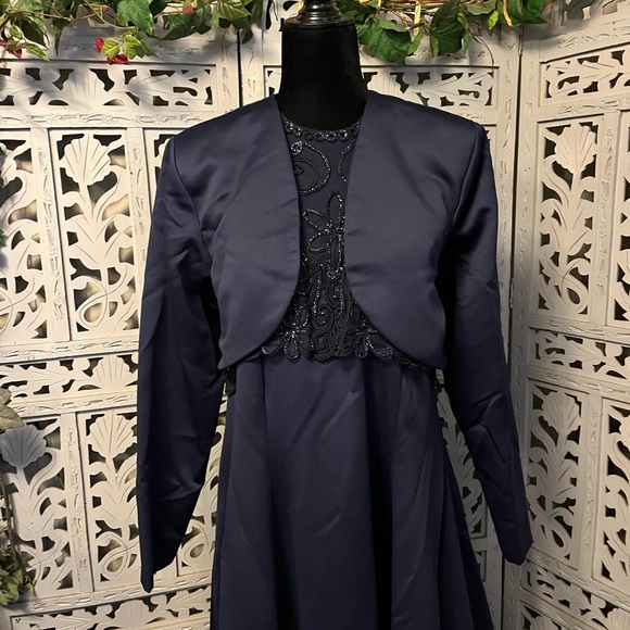 NIGHT SCENE ELEGANT NAVY BLUE 2pc DRESS & JACKET WITH BEADING FORMAL DRESS - Picture 4 of 15